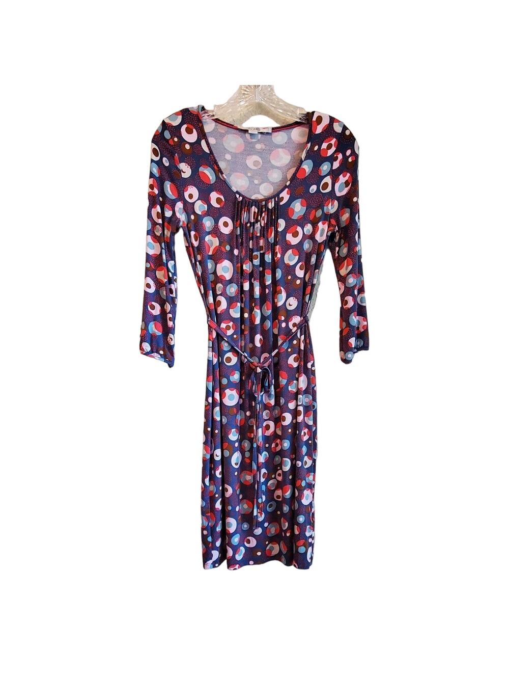BODEN Women 2 Dress Jersey Knit 3/4 Sleeve Multicolor Circles Belt Viscose 33"